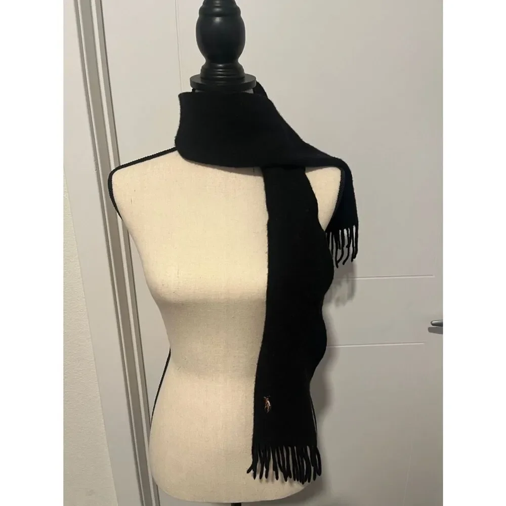 Polo Ralph Lauren Black Lambs Wool Fringe Scarf Timeless Classic Made In Italy